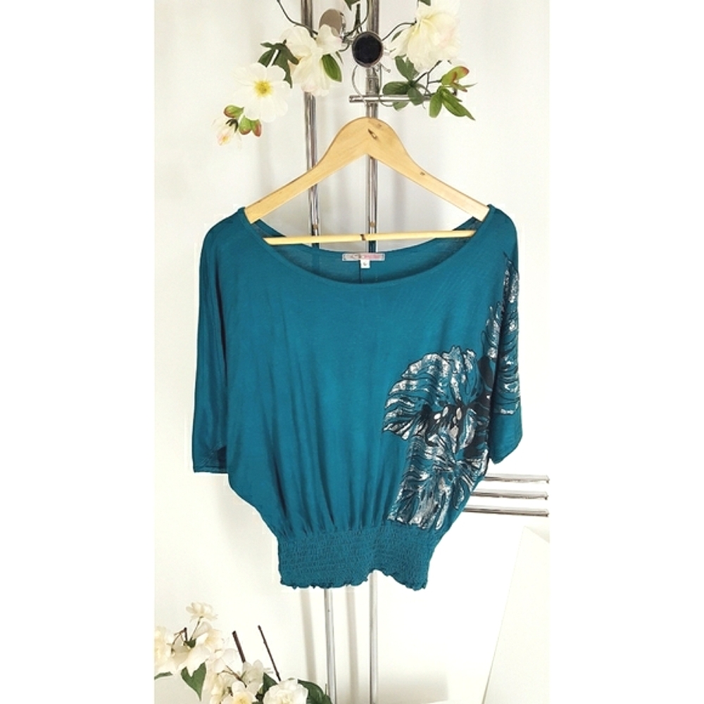 🔖90's-Y2K Teal Front Graphics Top W/Wide Sleeve Stretchy Bottom